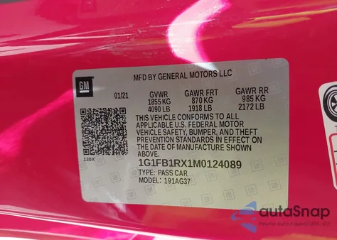 2021 Chevrolet Camaro Rwd 1Lt z USA, uszkodzony, nr VIN 1G1FB1RX1M0124089